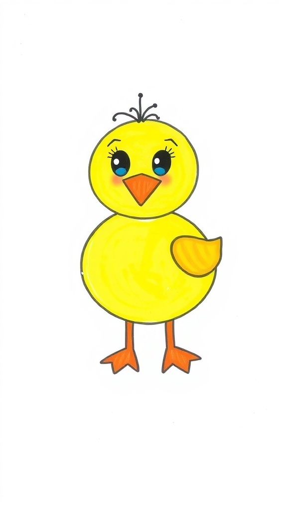A cartoon duck drawing with a round body, small head, and colorful features.